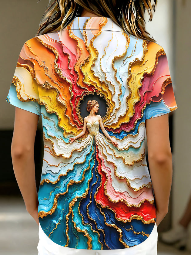 Art Marble Gold Foil Colorful Gown Women's Short Sleeve Shirts