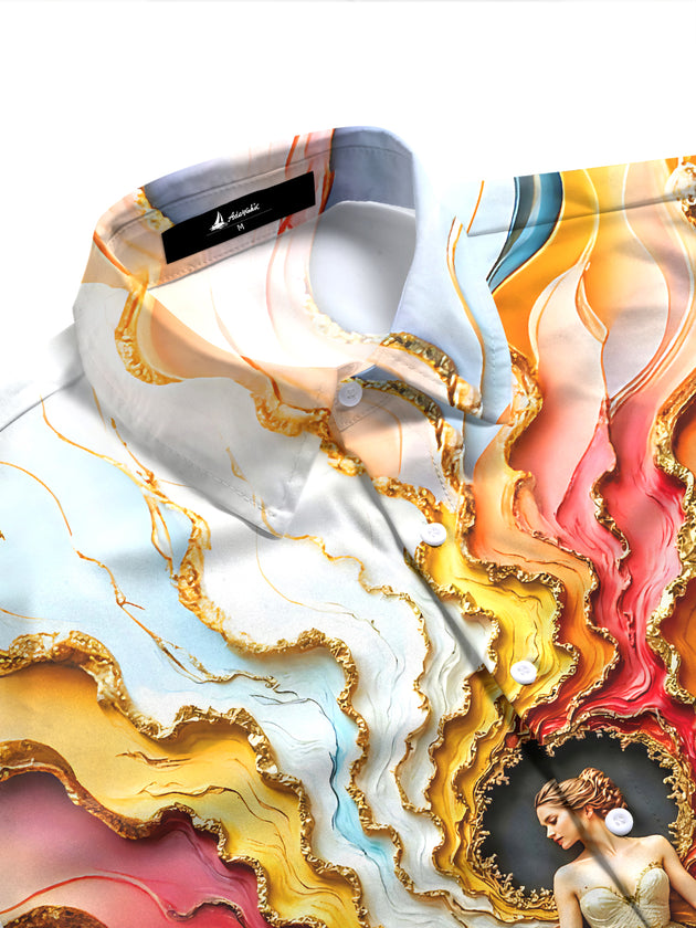 Art Marble Gold Foil Colorful Gown Women's Short Sleeve Shirts