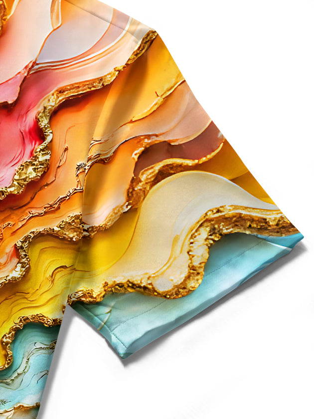 Art Marble Gold Foil Colorful Gown Women's Short Sleeve Shirts