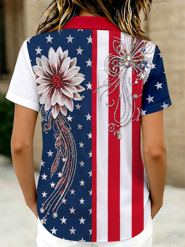American Flag Shiny Floral Independence Day Women's Short Sleeve Shirts