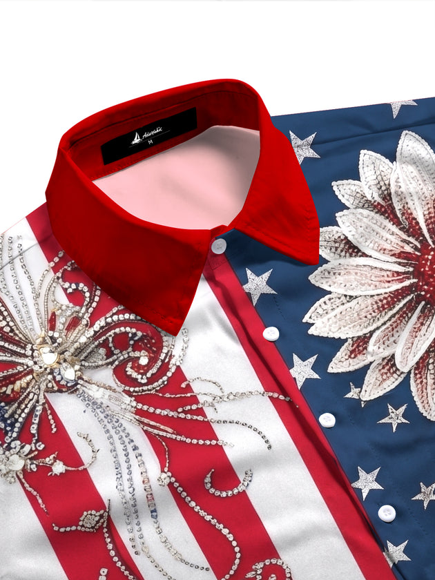 American Flag Shiny Floral Independence Day Women's Short Sleeve Shirts
