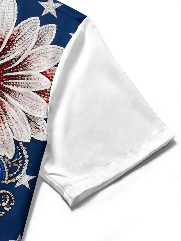 American Flag Shiny Floral Independence Day Women's Short Sleeve Shirts