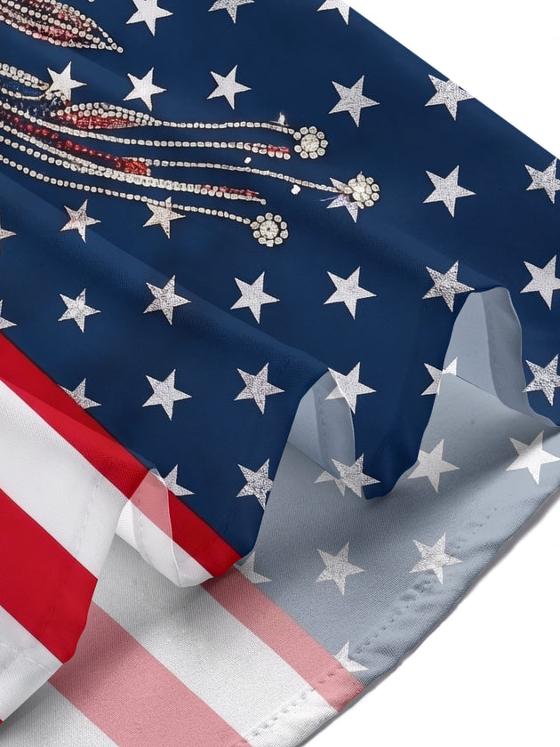 American Flag Shiny Floral Independence Day Women's Short Sleeve Shirts
