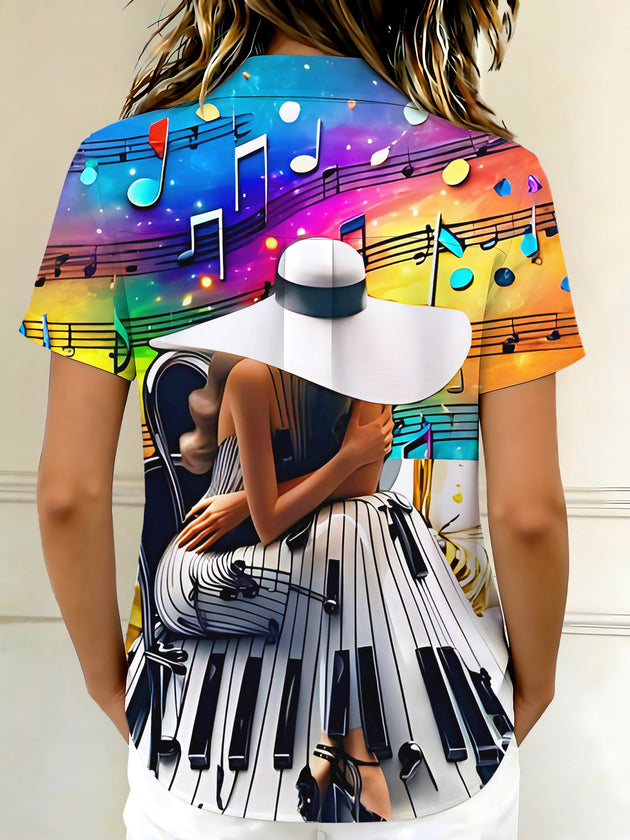 Art Tie Dye Piano Music Note Portrait Women's Short Sleeve Shirts