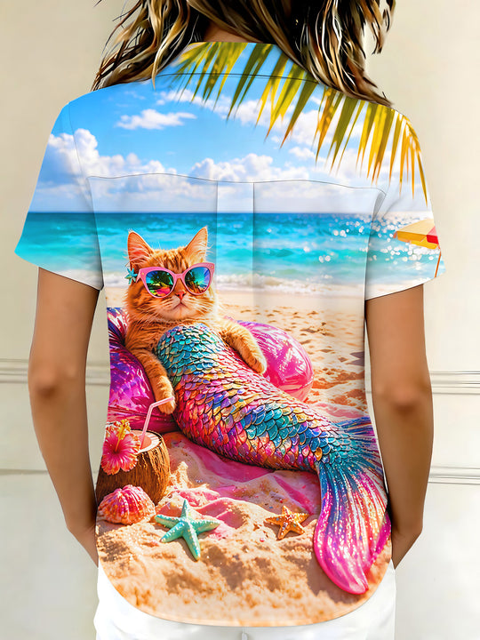 Hawaiian Beach Mermaid Cat Women's Short Sleeve Shirts