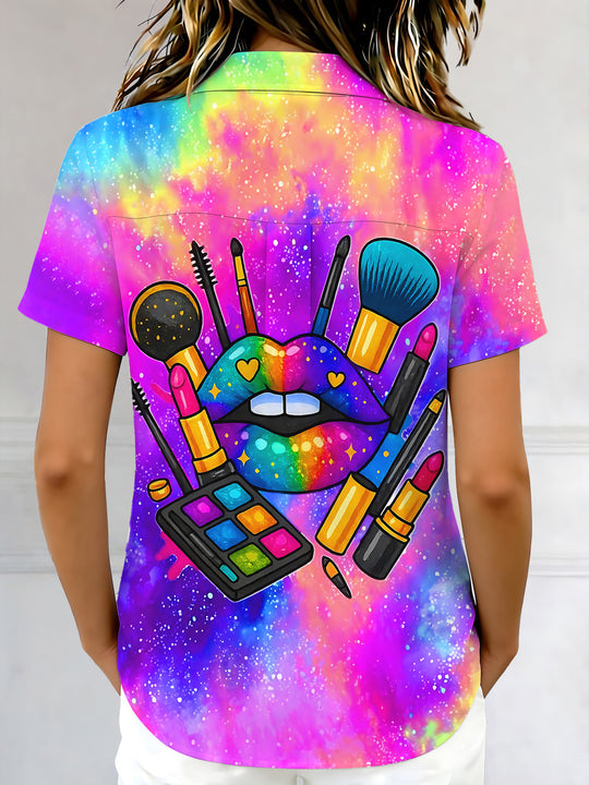 Colorful Tie-Dye Lips & Makeup Women's Short Sleeve Shirts