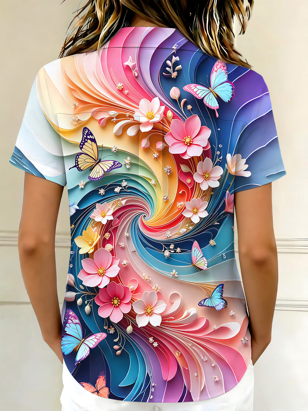 Colorful Swirl Floral & Butterfly Women's Short Sleeve Shirts