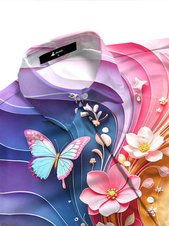 Colorful Swirl Floral & Butterfly Women's Short Sleeve Shirts