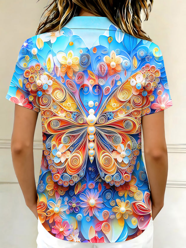 3D Colorful Butterfly And Floral Women's Short Sleeve Shirts