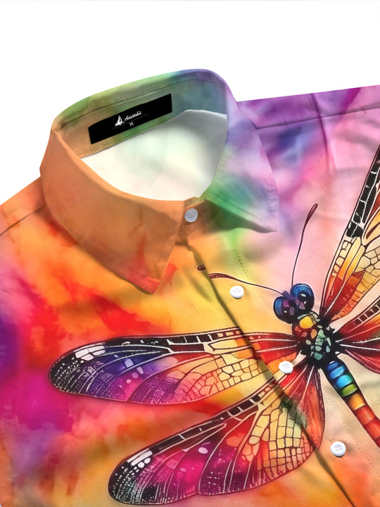 Gradient Colorful Tie Dye Dragonfly Women's Short Sleeve Shirts