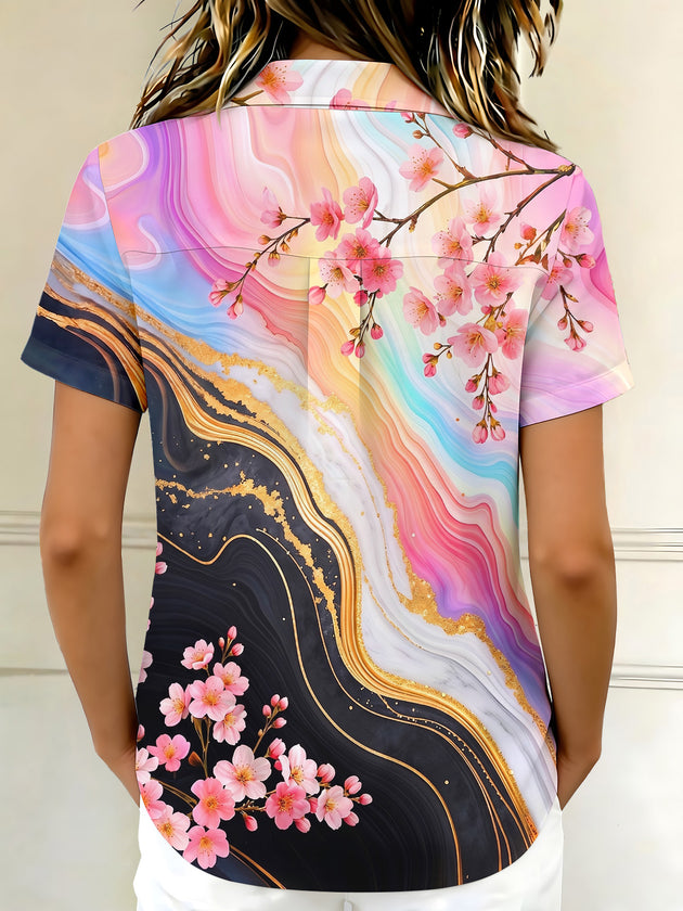 Art Flower Gradient Gold Foil Fluid Abstract Women's Short Sleeve Shirts