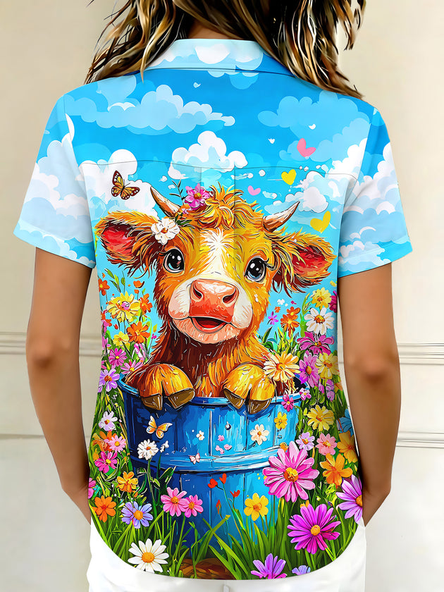 Fun Highland Cow In Floral Bush Women's Short Sleeve Shirts
