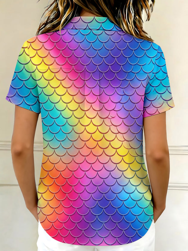 Gradient Colorful Fish Scale Women's Short Sleeve Shirts