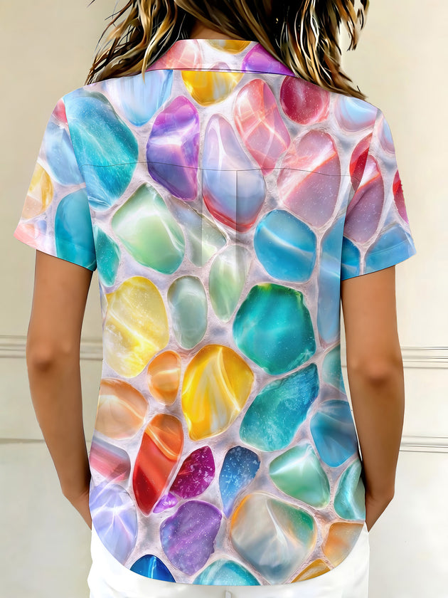 Art Abstract Colorful Crystal Rough Stone Women's Short Sleeve Shirts