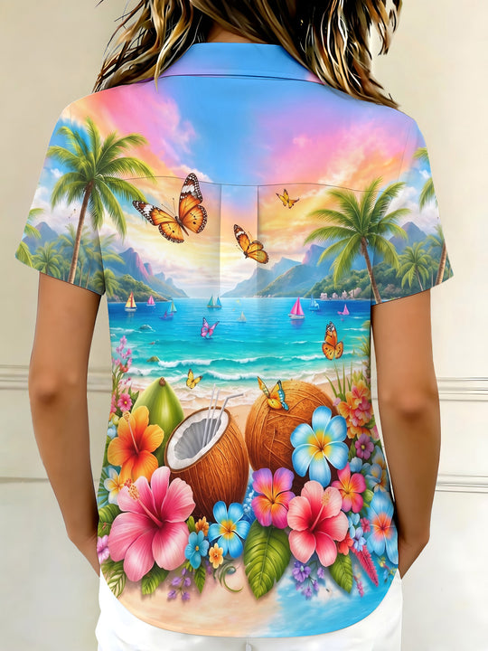 Hawaii Gradient Butterfly Island Coconut Tree Beach Women's Short Sleeve Shirts