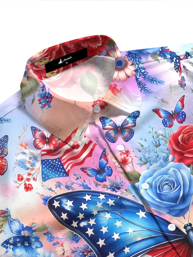 Independence Day American Flag Butterfly Rose Floral Women's Short Sleeve Shirts