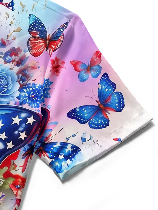 Independence Day American Flag Butterfly Rose Floral Women's Short Sleeve Shirts
