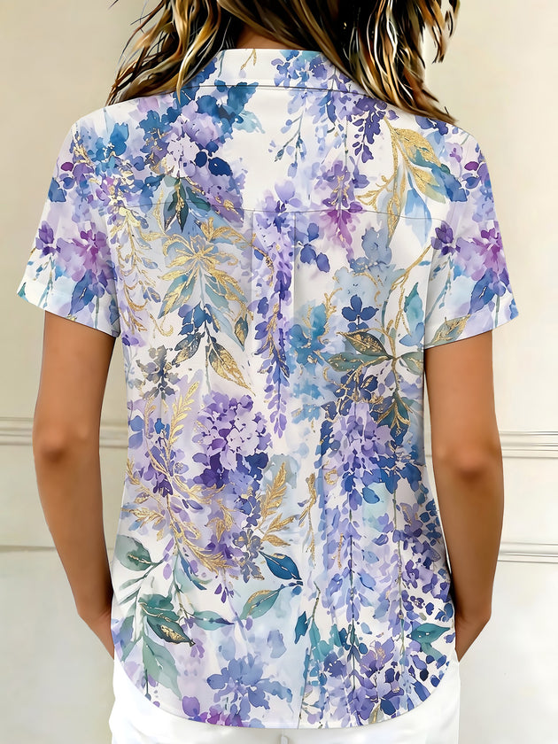 Art Gold Foil Purple-Blue Watercolor Floral Women's Short Sleeve Shirts