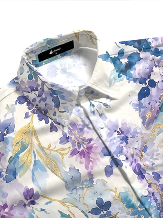 Art Gold Foil Purple-Blue Watercolor Floral Women's Short Sleeve Shirts