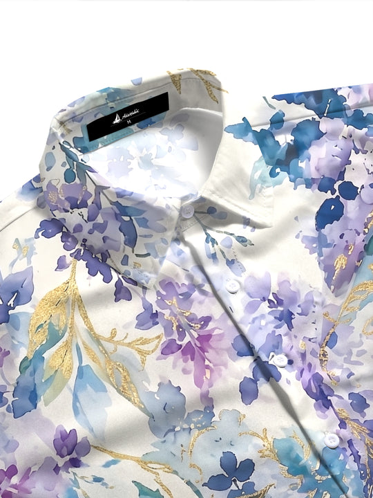 Art Gold Foil Purple-Blue Watercolor Floral Women's Short Sleeve Shirts