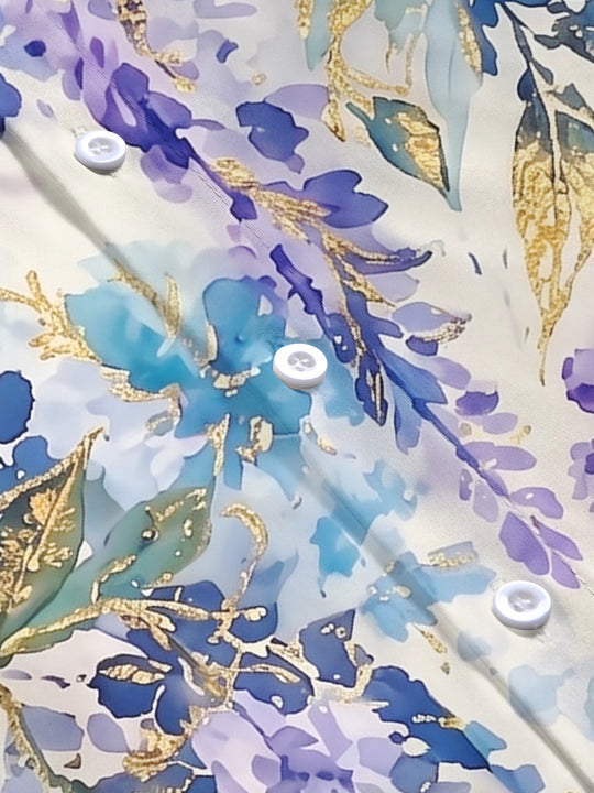 Art Gold Foil Purple-Blue Watercolor Floral Women's Short Sleeve Shirts