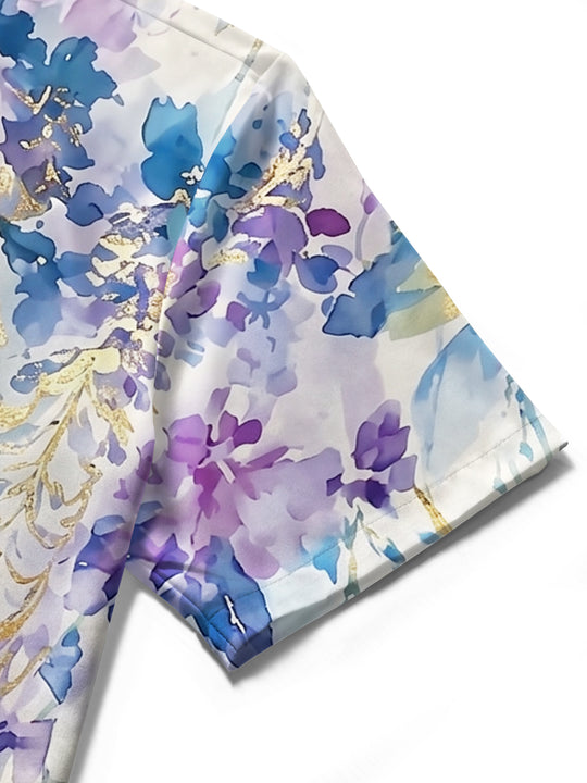 Art Gold Foil Purple-Blue Watercolor Floral Women's Short Sleeve Shirts