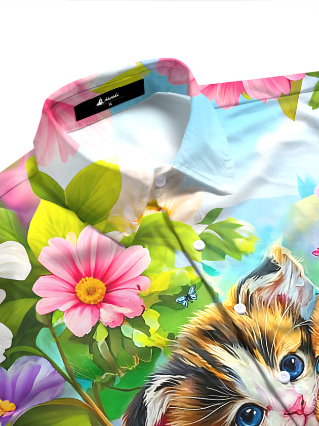 Funny Cute Cat Puppy Dog Daisy & Butterfly Floral Women's Short Sleeve Shirts