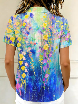 Art Watercolor Bellflower Floral Women's Short Sleeve Shirts