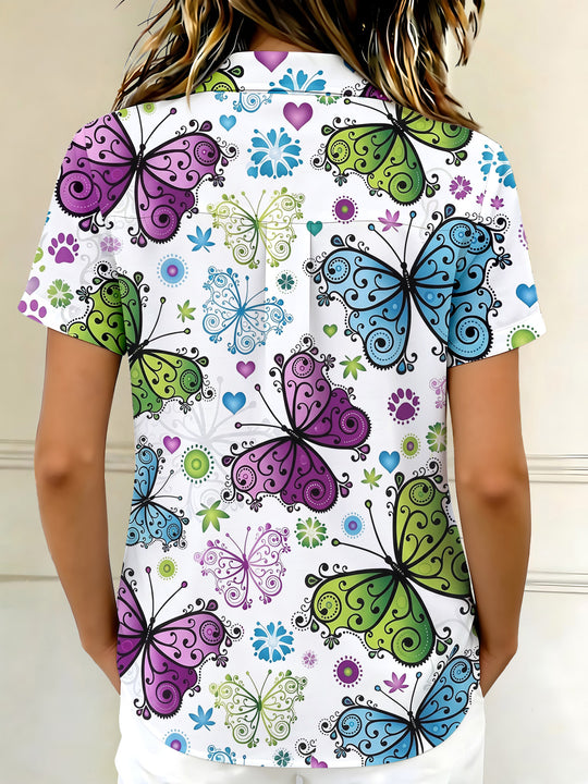 Vintage Colorful Butterfly Cat Paw Print Women's Short Sleeve Shirts