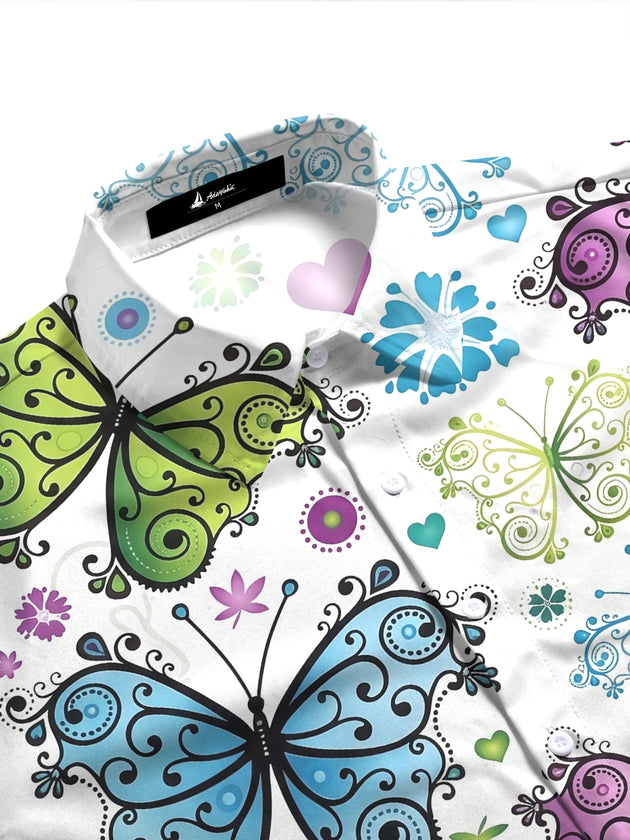 Vintage Colorful Butterfly Cat Paw Print Women's Short Sleeve Shirts