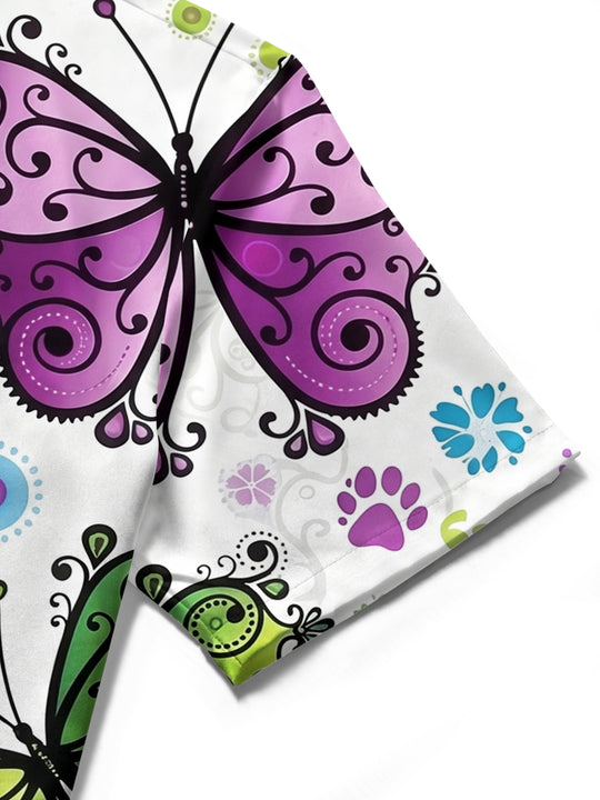 Vintage Colorful Butterfly Cat Paw Print Women's Short Sleeve Shirts