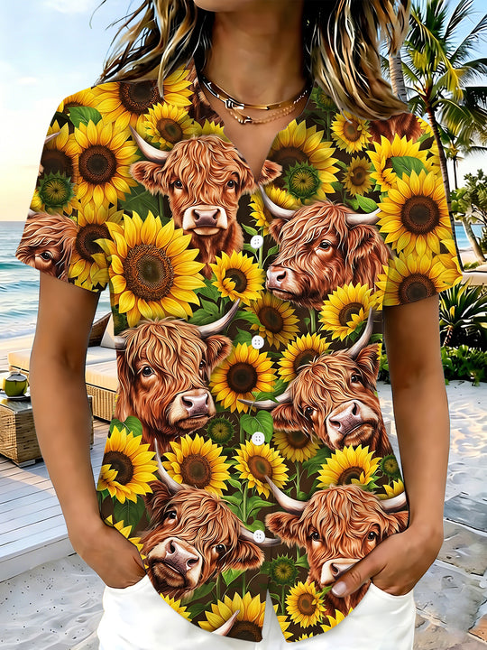 Hawaiian Sunflower Cow Women's Short Sleeve Shirts