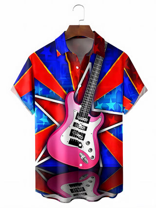 Men's guitar print short sleeve shirt front view Independence Day