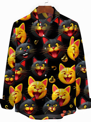 Men's cat print pocket long sleeve shirt front view
