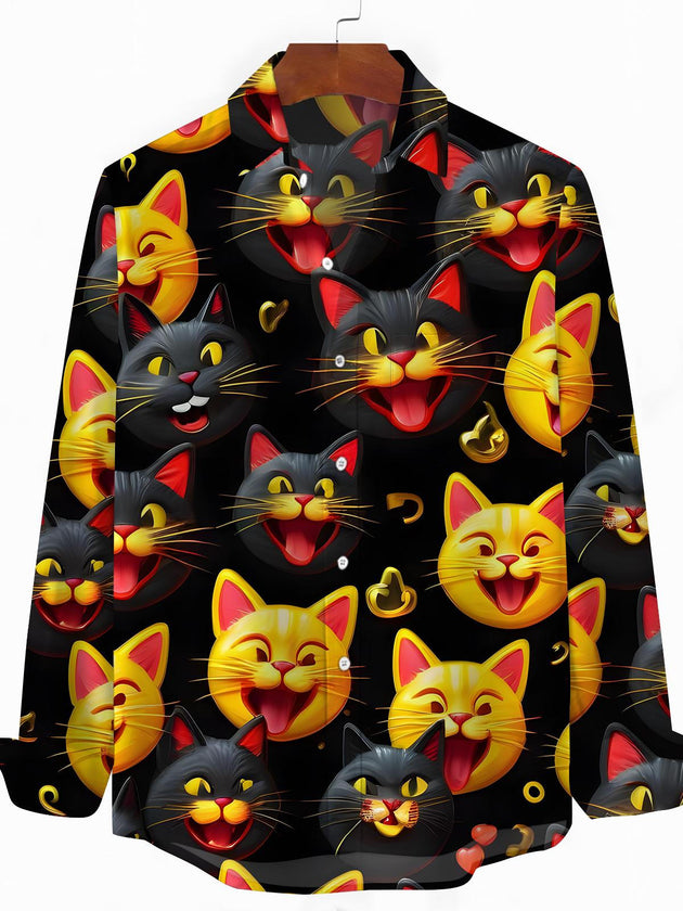 Men's cat print pocket long sleeve shirt front view