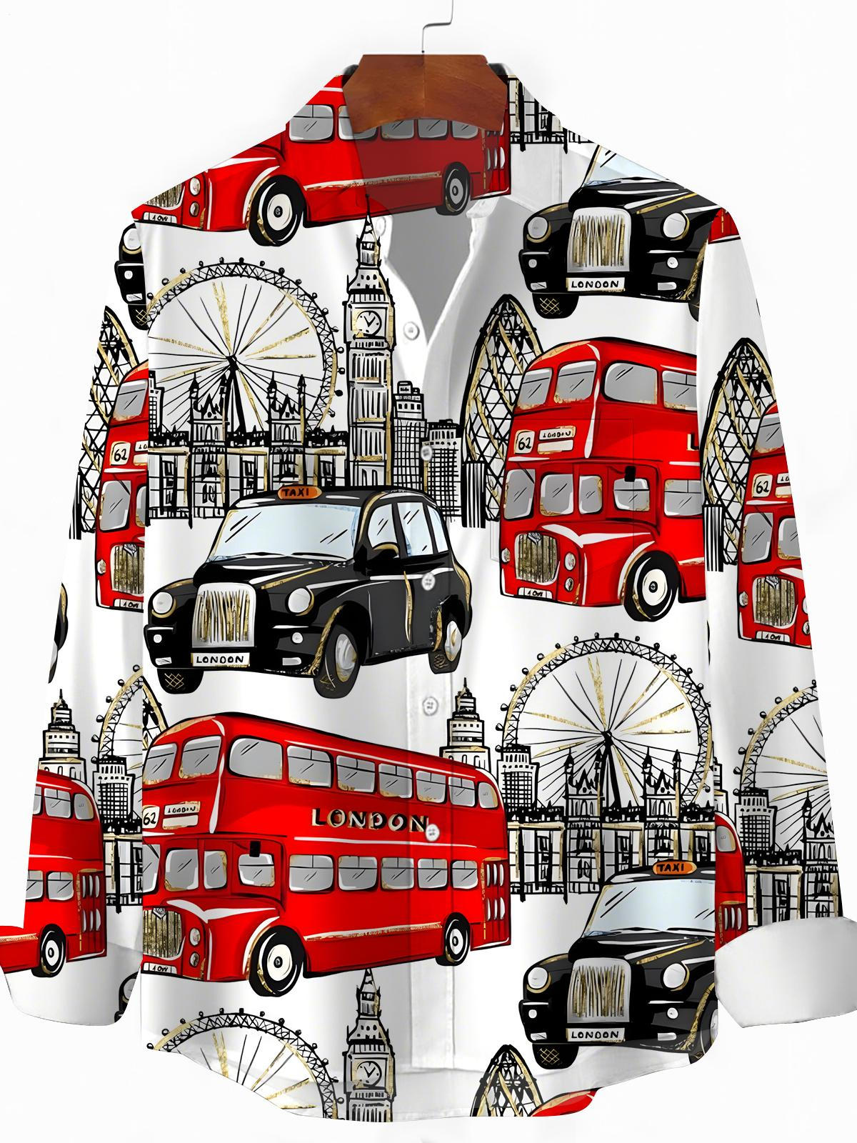 Car Ferris Wheel Big Ben Print Men's Pocket Long Sleeve Shirts
