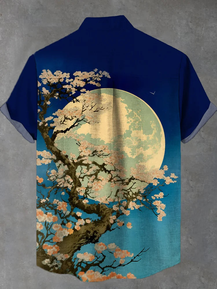 Vintage Full Moon And Blossom Tree Printing Stand Collar Short Sleeve Shirts