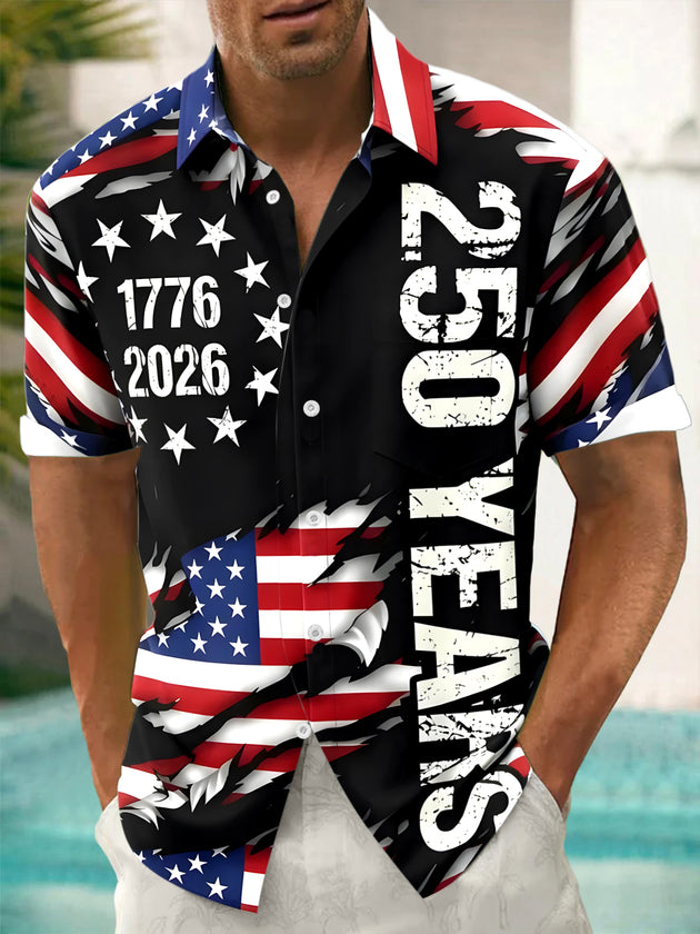 Men's American flag print short sleeve shirt front view for Independence Day