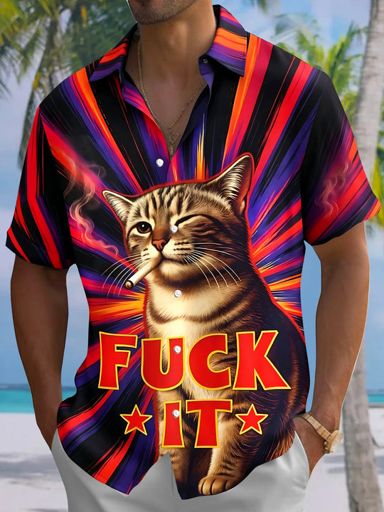 Funny Smoking Cat Men's Pocket Short Sleeve Shirts