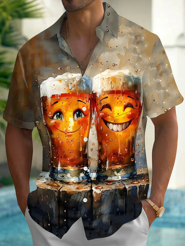 Men's short sleeve Hawaiian shirt with ocean print front view for tropical beach vacation