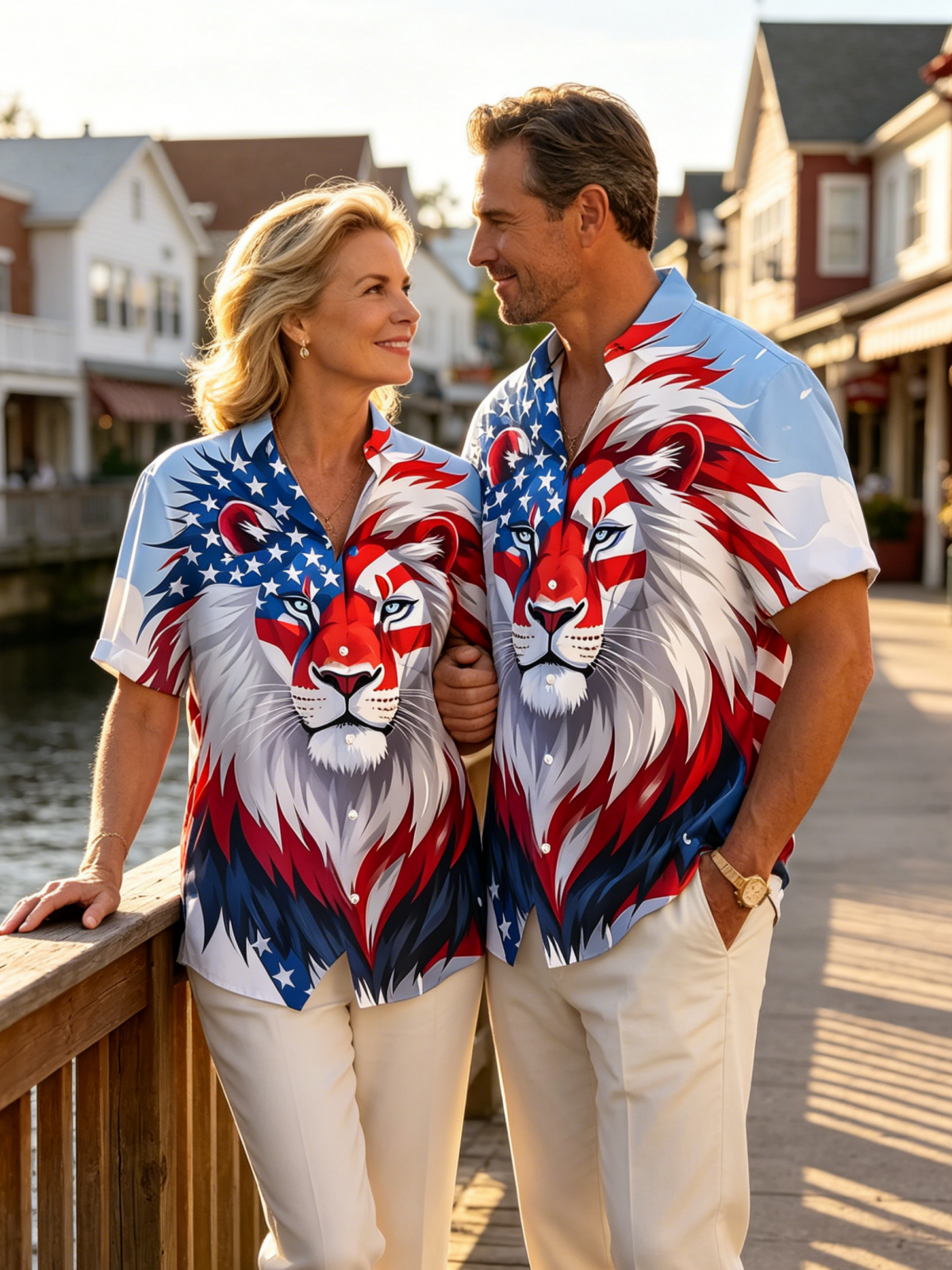 matching couples American flag print shirt front view Independence Day