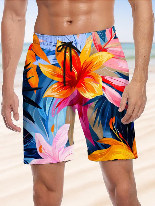 Men's casual vacation floral print pocket shorts front view Independence Day