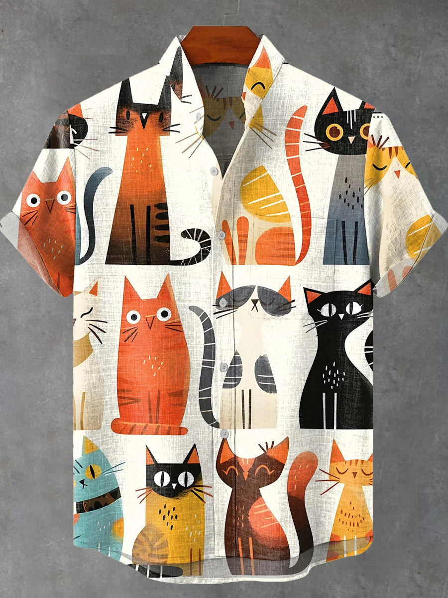 Cartoon Cats Pocket Stand Collar Short Sleeve Shirt