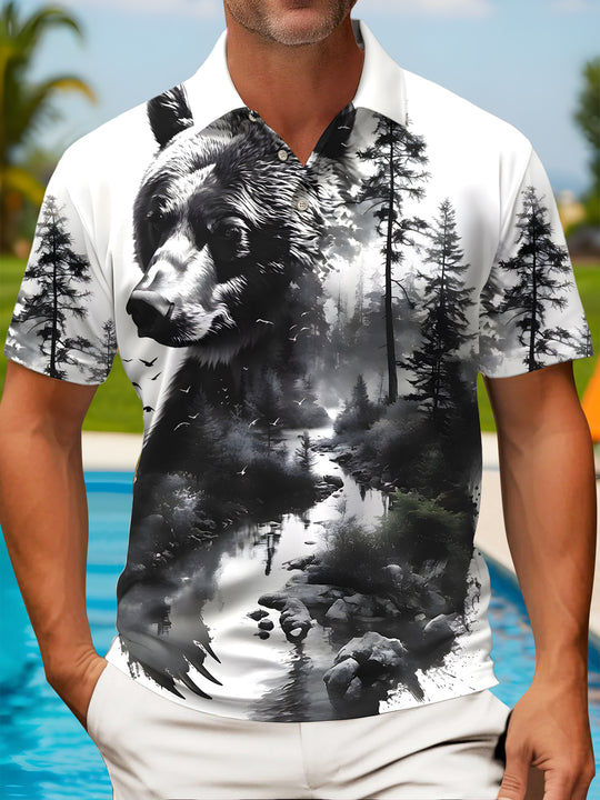 Men's forest bear graphic short sleeve polo shirt front view