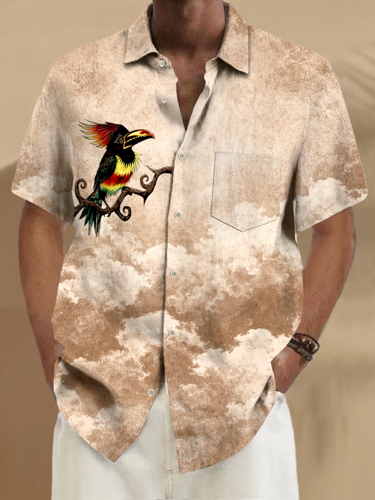 men's parrot print shirt front view