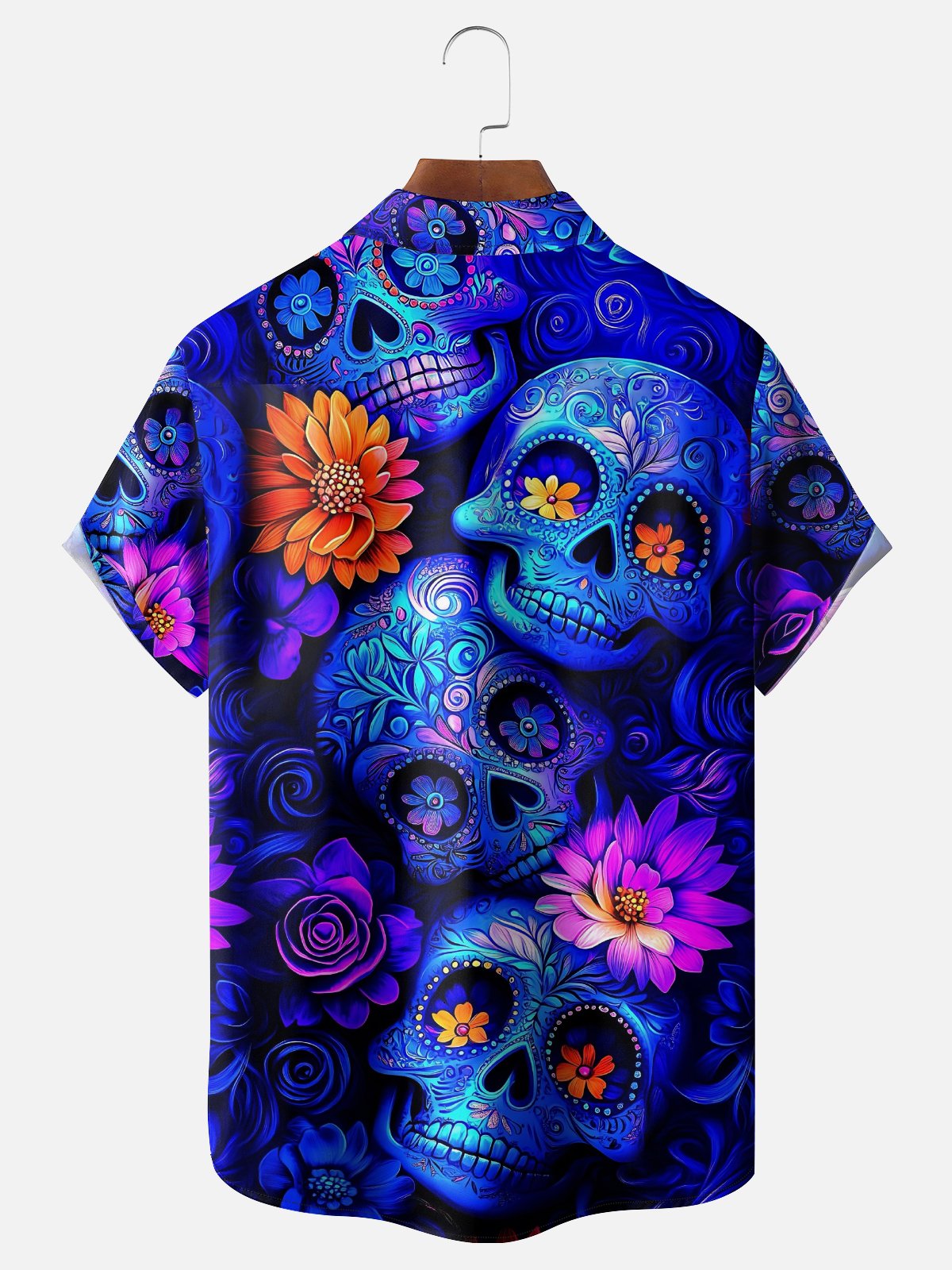 Gradient Skull Floral Men's Pocket Short Sleeve Shirts