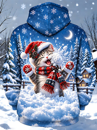Adaychic Men's Graphic Christmas Cat Print Long Sleeve Hoodie