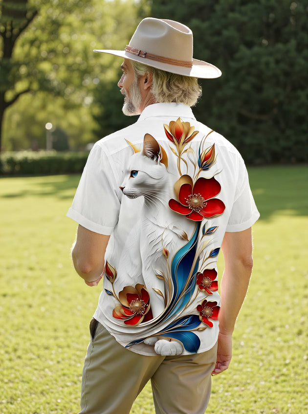 Cat Floral Print Men's Pocket Short Sleeve Shirts