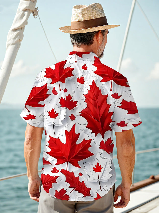 Maple Leaf Print Men's Pocket Short Sleeve Shirts