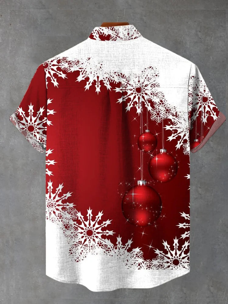 Holiday Balls And Snowflakes Printing Stand Collar Short Sleeve Shirts